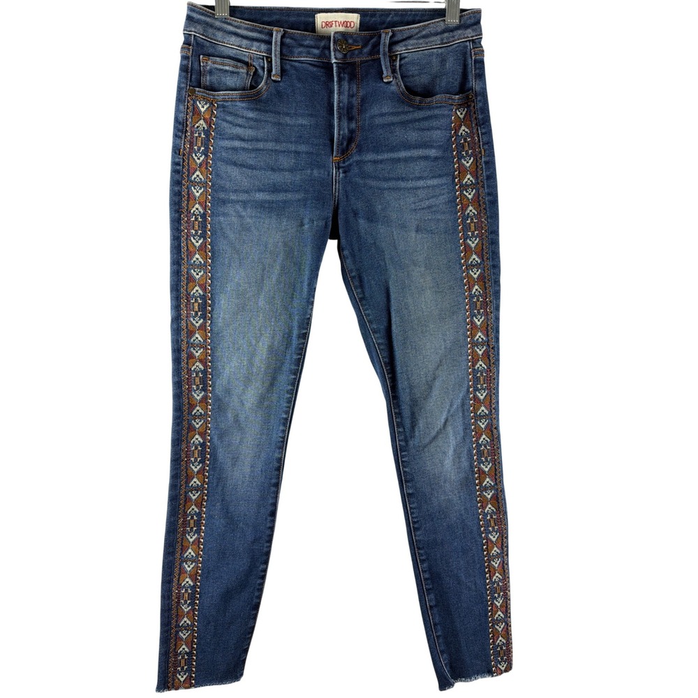 Driftwood Jackie Embroidered Southwest Stripe Skinny Jeans Blue Med Wash 27x28